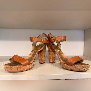 Michael Kors Tan Leather Cork Platform Sandals with Ankle Strap